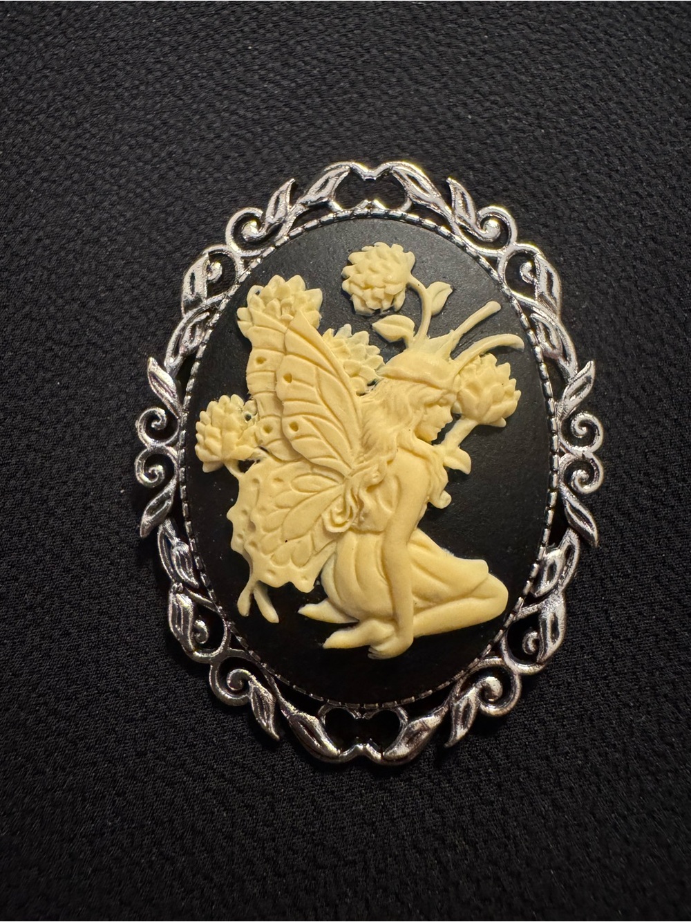 Vintage Fairy Cameo Brooch 2” Black Ivory Floral Silver Tone Victorian Revival